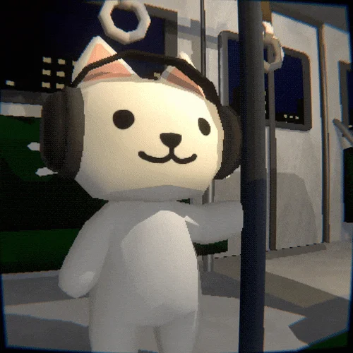 KOT wearing big headphones on a nighttime train